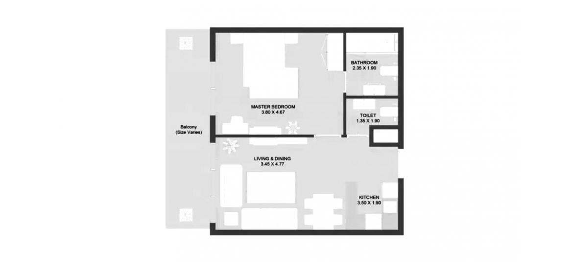 Планировка апартаментов «62SQM» 1 спальня в ЖК OASIS RESIDENCE ONE