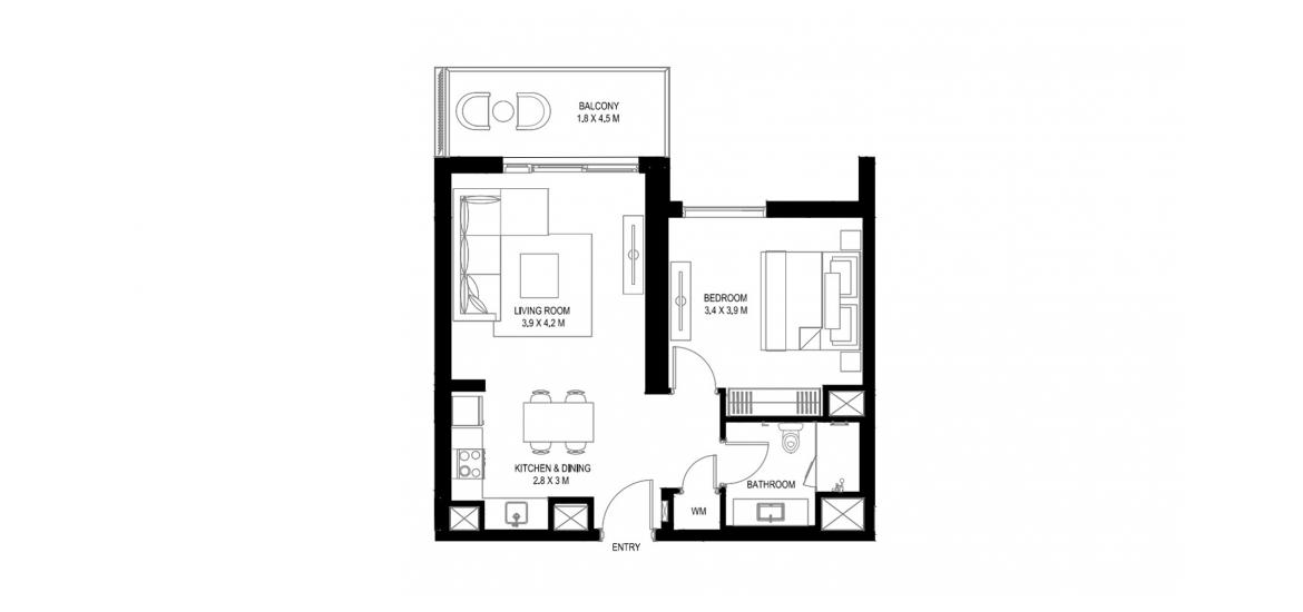 Планировка апартаментов «63SQM» 2 комнаты в ЖК WATER’S EDGE