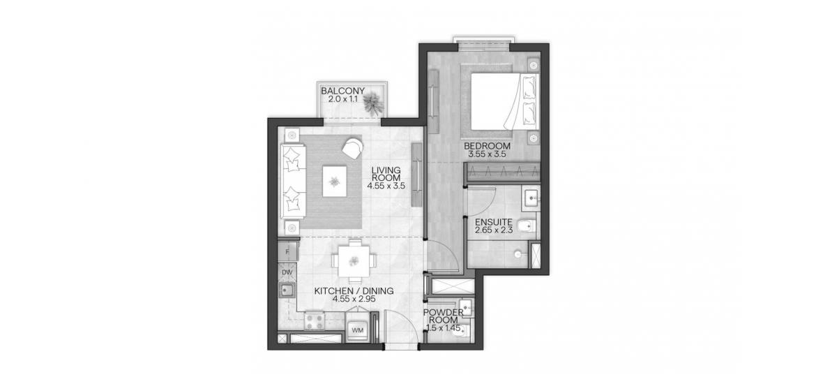 Планировка апартаментов «BLOOM LIVING GRANADA 60 SQM 1BDRM TYPE D» 2 комнаты в ЖК BLOOM LIVING GRANADA