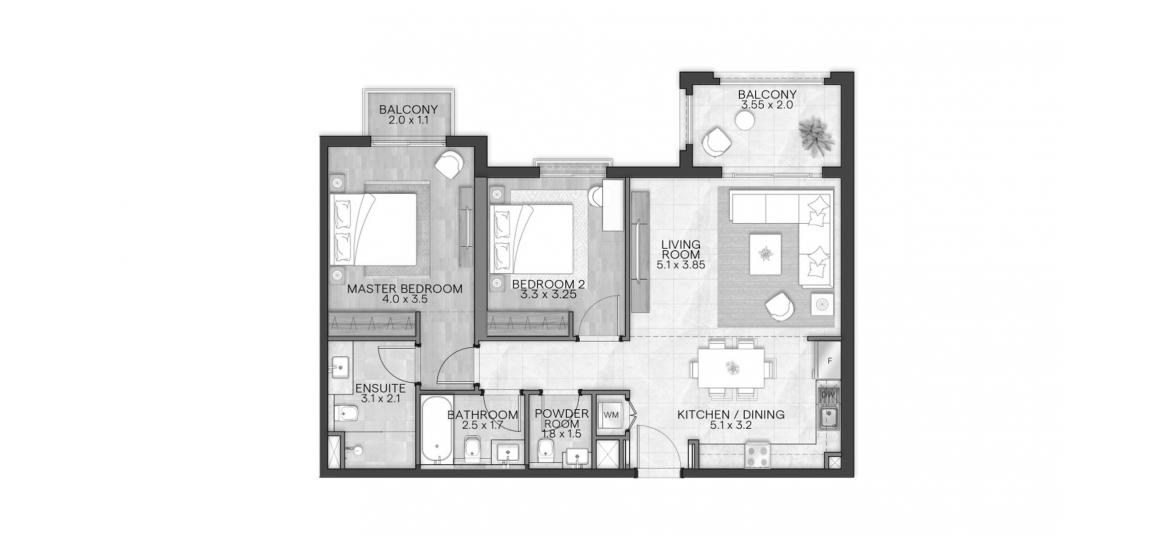 Планировка апартаментов «BLOOM LIVING GRANADA 101 SQM 2BDRM TYPE A» 2 спальни в ЖК BLOOM LIVING GRANADA