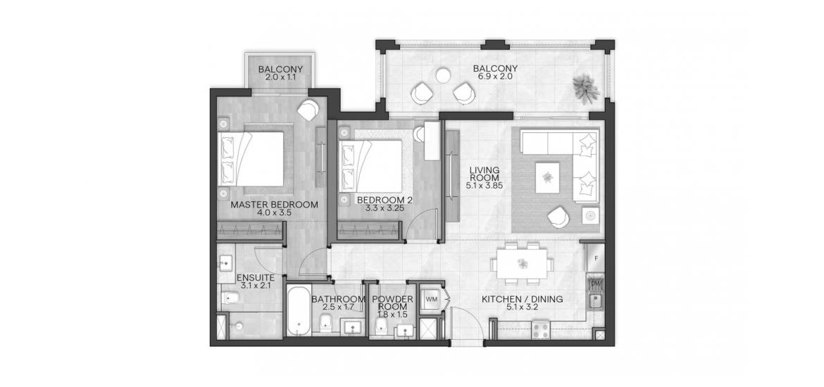 Планировка апартаментов «BLOOM LIVING GRANADA 109 SQM 2BDRM TYPE A-5» 2 спальни в ЖК BLOOM LIVING GRANADA