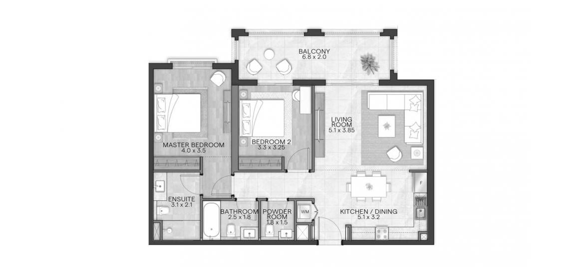 Планировка апартаментов «BLOOM LIVING GRANADA 107 SQM 2BDRM TYPE A-6» 2 спальни в ЖК BLOOM LIVING GRANADA