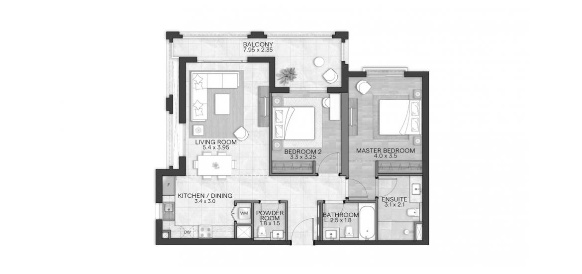 Планировка апартаментов «BLOOM LIVING GRANADA 103 SQM 2BDRM TYPE B» 2 спальни в ЖК BLOOM LIVING GRANADA