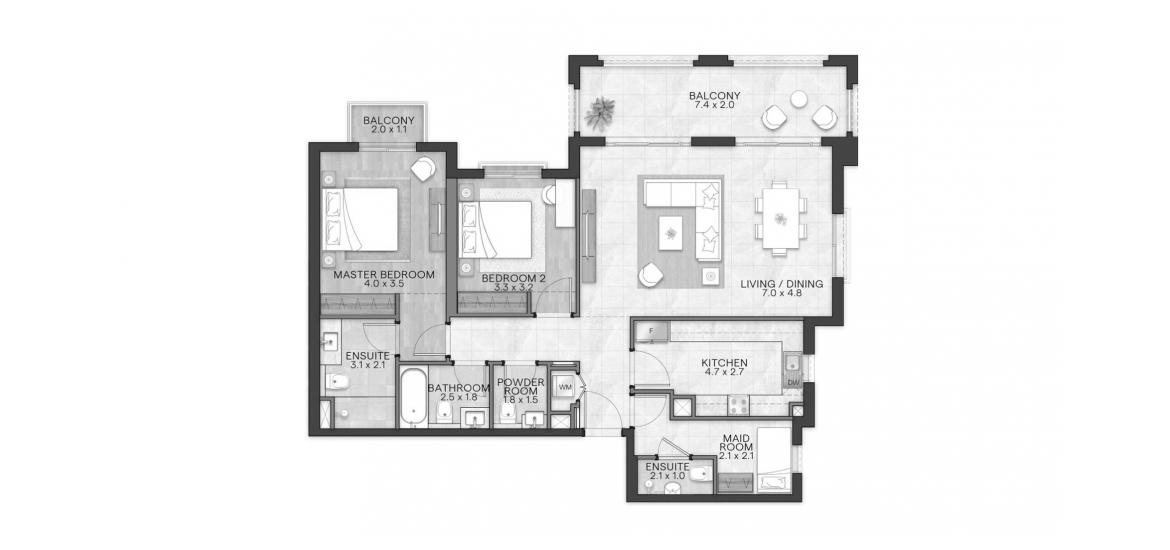 Планировка апартаментов «BLOOM LIVING GRANADA 136 SQM 2BDRM TYPE M-1» 2 спальни в ЖК BLOOM LIVING GRANADA