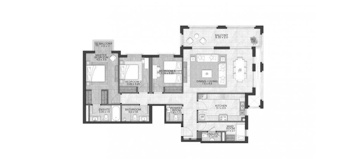 Планировка апартаментов «BLOOM LIVING GRANADA 168 SQM 3BDRM TYPE A-2» 3 спальни в ЖК BLOOM LIVING GRANADA