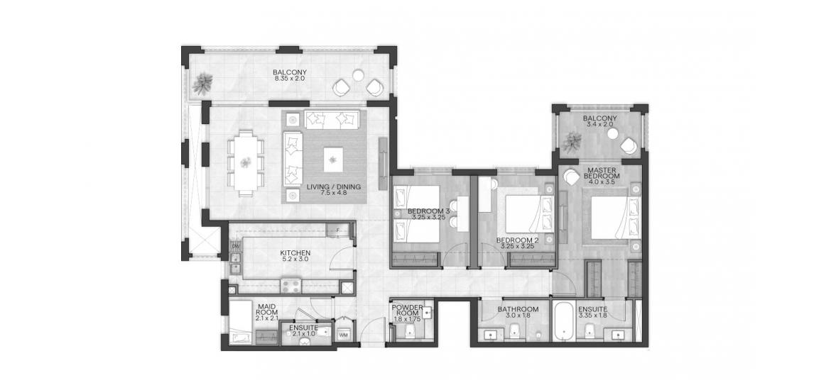 Планировка апартаментов «BLOOM LIVING GRANADA 175 SQM 3BDRM TYPE B» 3 спальни в ЖК BLOOM LIVING GRANADA