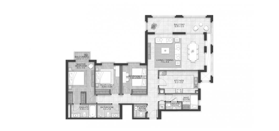 Планировка апартаментов «BLOOM LIVING GRANADA 170 SQM 3BDRM TYPE C» 3 спальни в ЖК BLOOM LIVING GRANADA