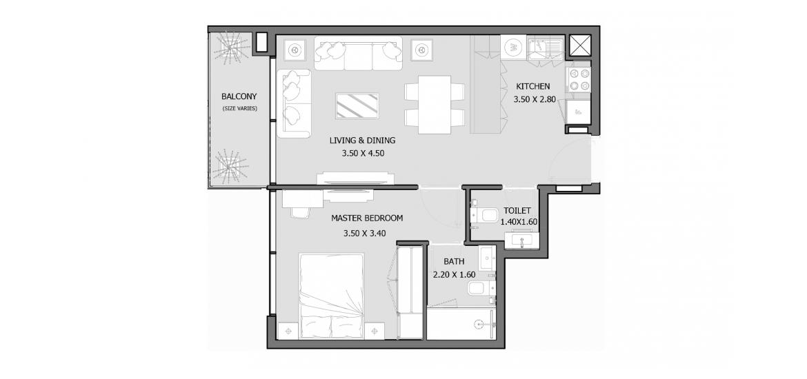 Планировка апартаментов «ROYAL PARK 53-88 SQM 1BDRM TYPE A» 2 комнаты в ЖК ROYAL PARK