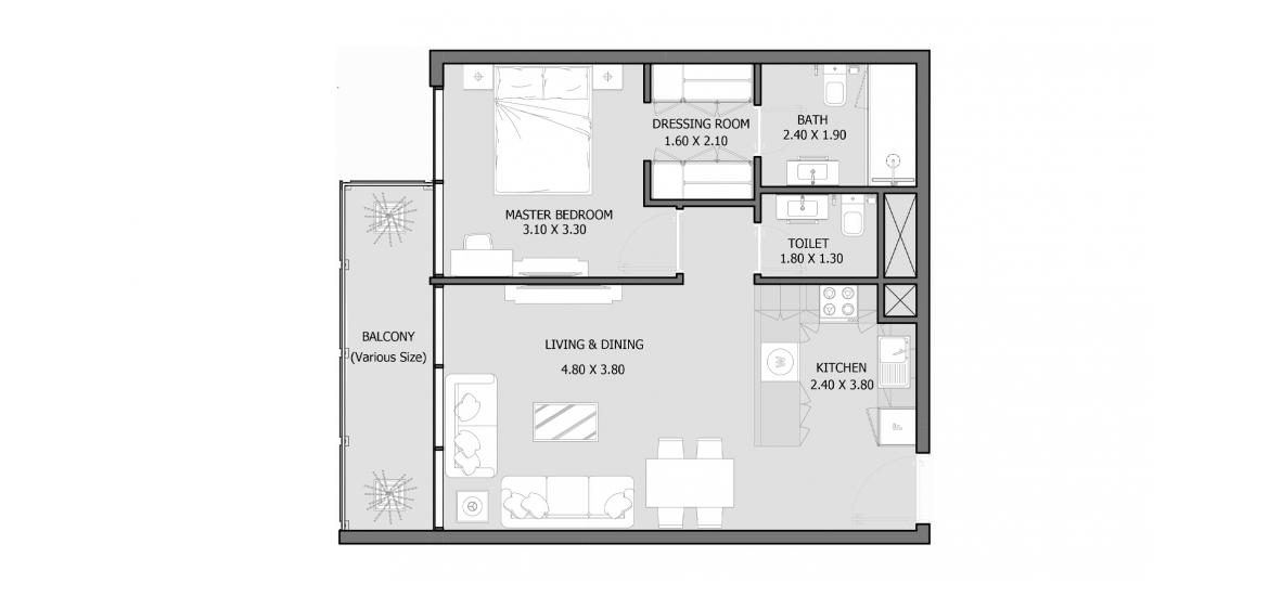 Планировка апартаментов «ROYAL PARK 62-69 SQM 1BDRM TYPE B» 2 комнаты в ЖК ROYAL PARK