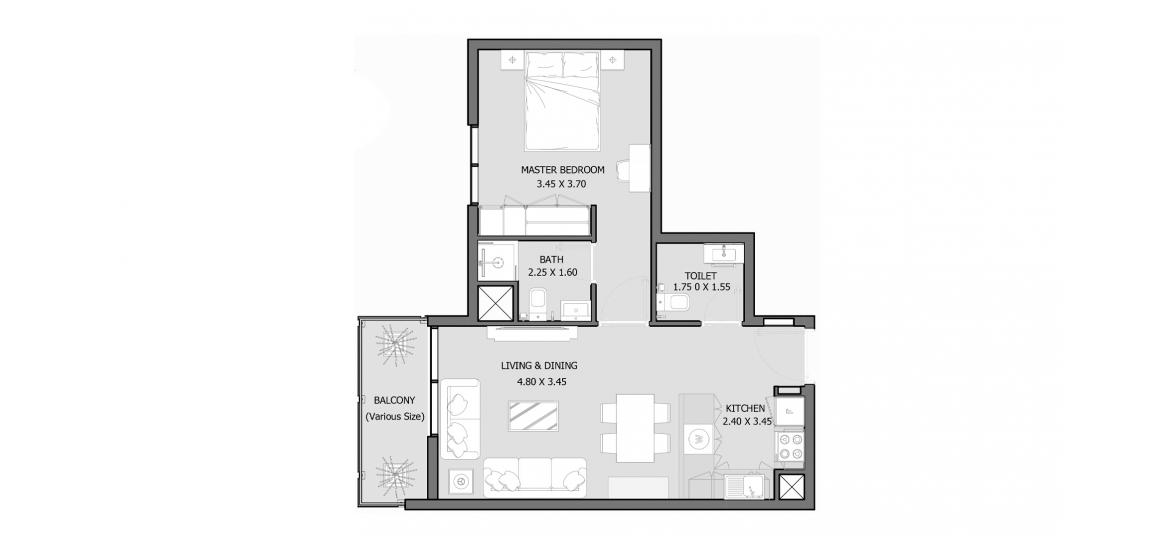 Планировка апартаментов «ROYAL PARK 54-88 SQM 1BDRM TYPE C» 2 комнаты в ЖК ROYAL PARK