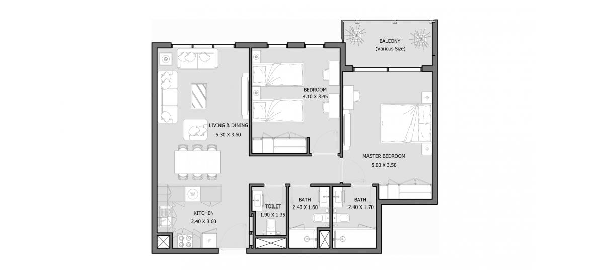 Планировка апартаментов «ROYAL PARK 83-118 SQM 2BDRM TYPE A» 2 спальни в ЖК ROYAL PARK