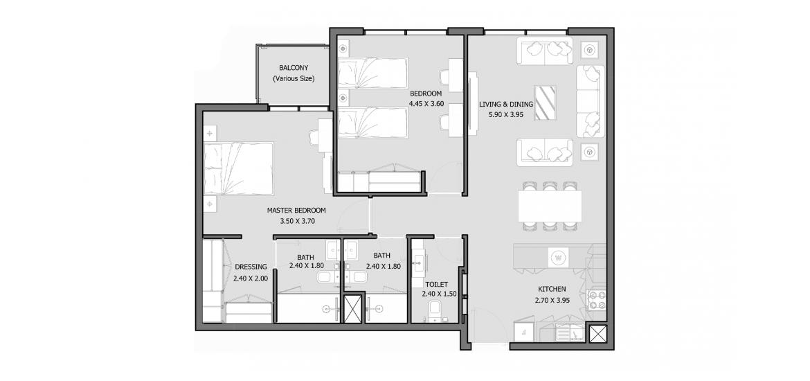 Планировка апартаментов «ROYAL PARK 94 SQM 2BDRM TYPE B» 2 спальни в ЖК ROYAL PARK