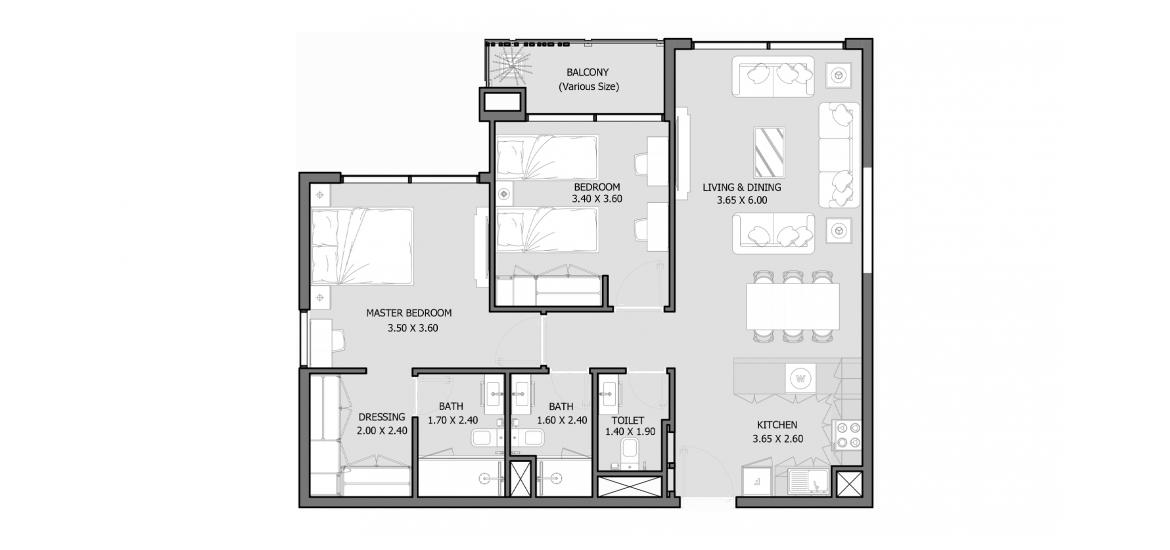 Планировка апартаментов «ROYAL PARK 87 SQM 2BDRM TYPE C» 2 спальни в ЖК ROYAL PARK