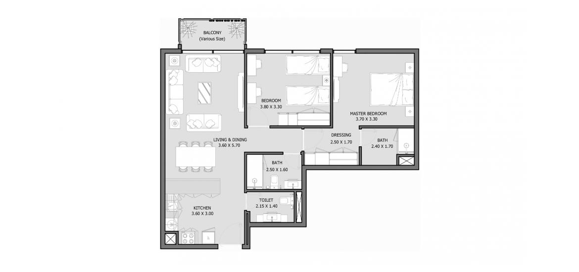 Планировка апартаментов «ROYAL PARK 85-101 SQM 2BDRM TYPE E» 2 спальни в ЖК ROYAL PARK