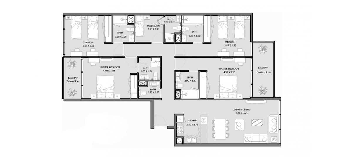 Планировка апартаментов «ROYAL PARK 163 SQM 4BDRM TYPE C» 4 спальни в ЖК ROYAL PARK