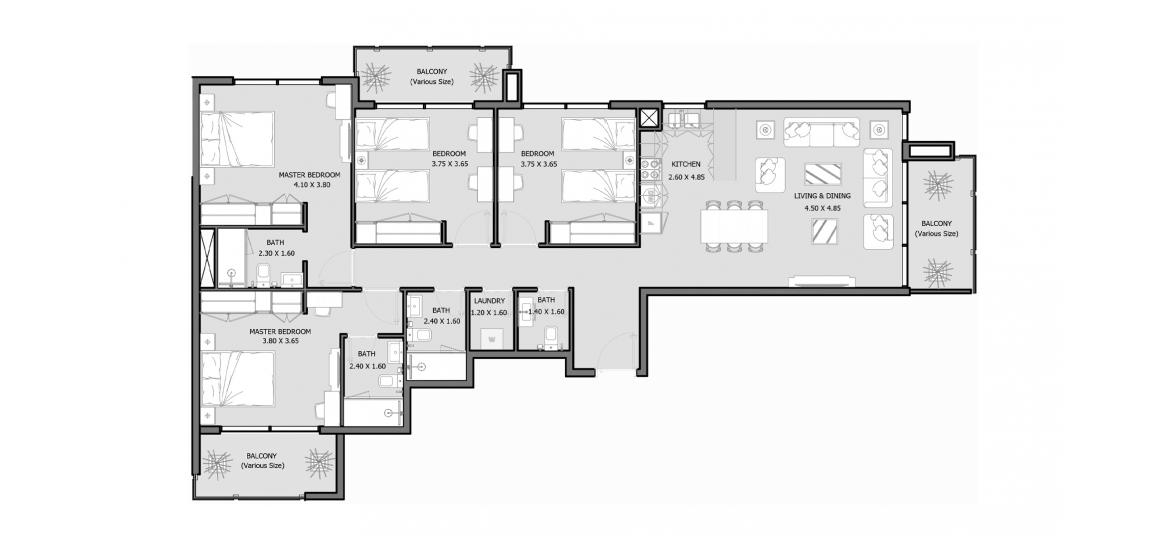 Планировка апартаментов «ROYAL PARK 154 SQM 4BDRM TYPE D» 4 спальни в ЖК ROYAL PARK