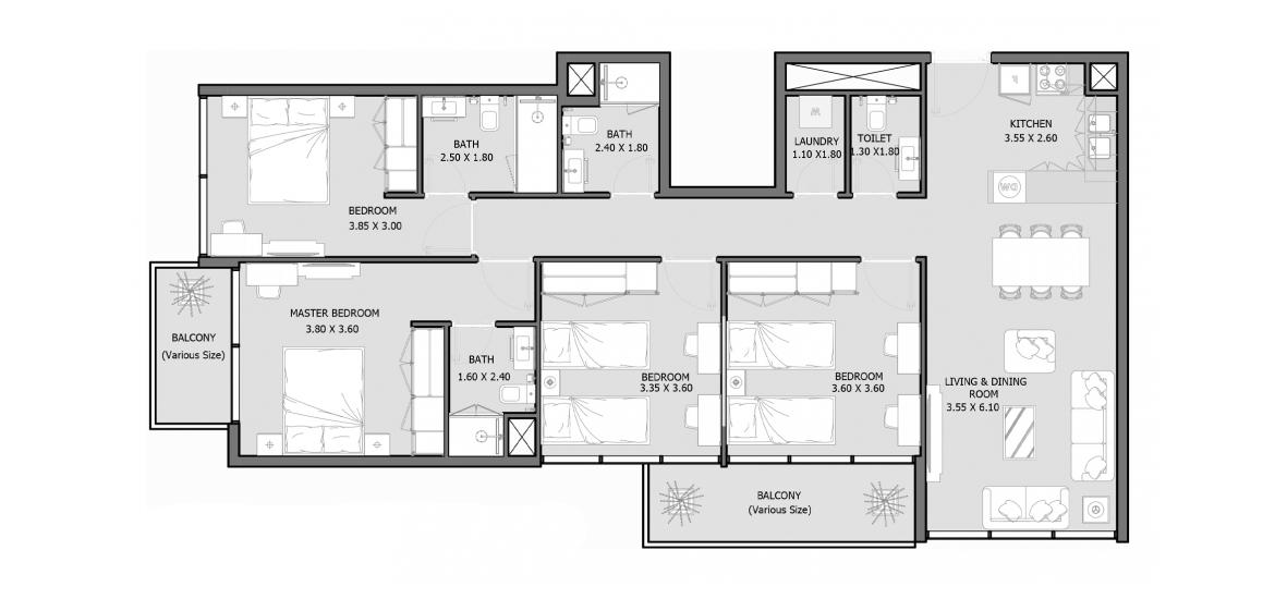 Планировка апартаментов «ROYAL PARK 131-200 SQM 4BDRM TYPE E» 4 спальни в ЖК ROYAL PARK