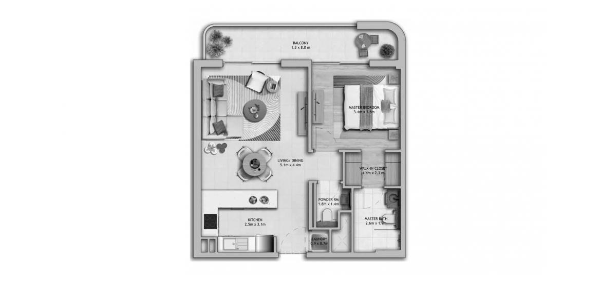 Планировка апартаментов «ONE-BEDROOM-75SQ.M» 2 комнаты в ЖК MANARAT LIVING II
