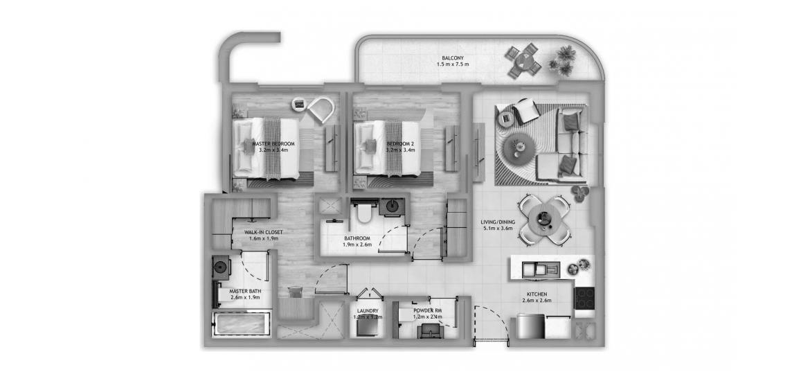 Планировка апартаментов «TWO-BEDROOMS-113SQ.M» 2 спальни в ЖК MANARAT LIVING II