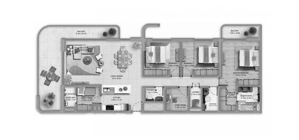 Планировка апартаментов «THREE-BEDROOMS-214SQ.M» 3 спальни в ЖК MANARAT LIVING II