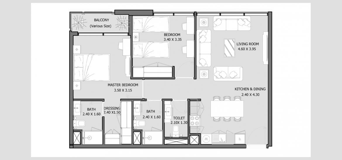 Apartment floor plan «ROYAL PARK 78-129 SQM 2BDRM TYPE D», 2 bedrooms in ROYAL PARK