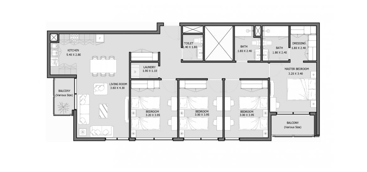 Apartment floor plan «ROYAL PARK 128-200 SQM 4BDRM TYPE B», 4 bedrooms in ROYAL PARK